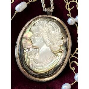 Abalone Hand Carved Shell Cameo Brooch Pin in 925 Sterling Silver Bezel, Pin or